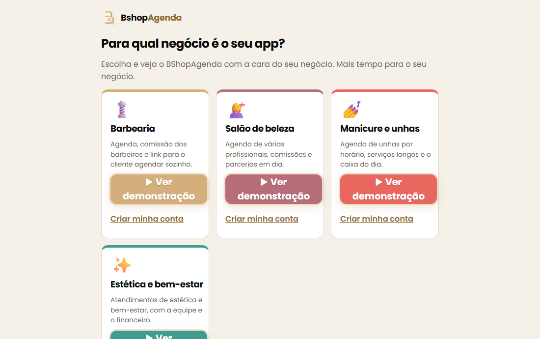 Tela de escolha do tipo de negócio no BShopAgenda