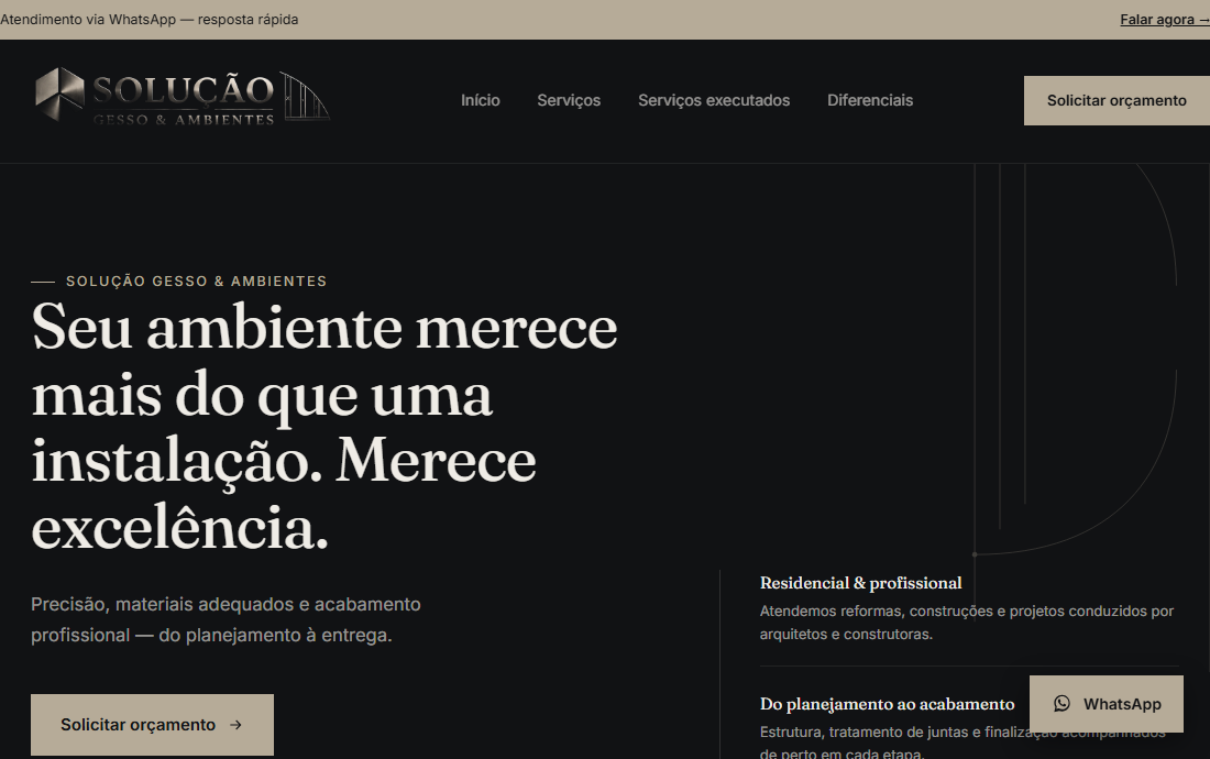 Página inicial do site Solução Gesso & Ambientes