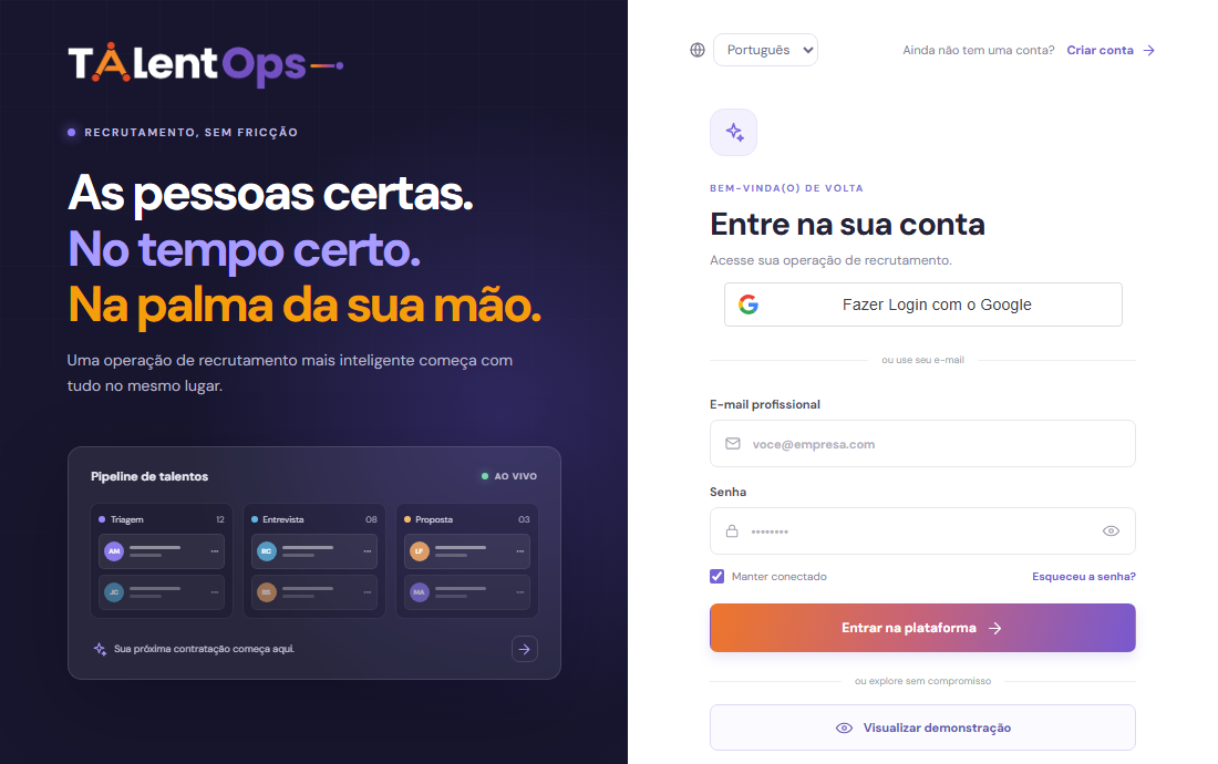 Tela de entrada do aplicativo web TalentOps